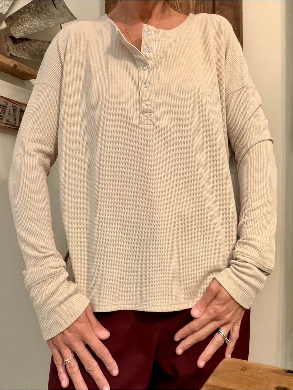 Zenana Women’s Waffle Henley Long-Sleeve Shirt in Cream